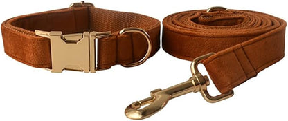 JAY D.L Dog Collar and Leash Set，Soft & Comfy Velvet Dog Collars with Heavy Duty Metal Buckle and Matching Lead Adjustable for Small Medium Large Dogs (Small, Bronze)