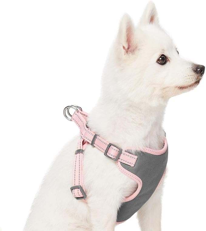 Blueberry Pet Pastel Colored Reflective Dog Harness with Seatbelt Clip – Adjustable No-Pull Pet Vest for Walking and Car Safety, Medium in Baby Pink