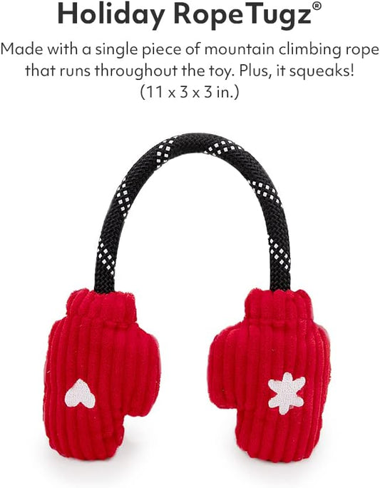 ZippyPaws Ropetugz Christmas Dog Toy - Squeaky Rope Holiday Dog Gifts for Small & Medium Puppy Dogs, Interactive Tug of War Stocking Stuffers for Pets - Snowflake Mittens