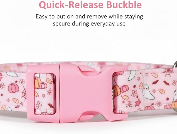 Cute Dog Collar, Pink Dog Collar with Pink Ghost Pattern and Soft Fabric, Girly Collar with Charm and Buckle, Adjustable for Girls Boys Dogs