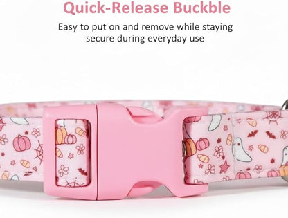 Cute Dog Collar, Pink Dog Collar with Pink Ghost Pattern and Soft Fabric, Girly Collar with Charm and Buckle, Adjustable for Girls Boys Dogs