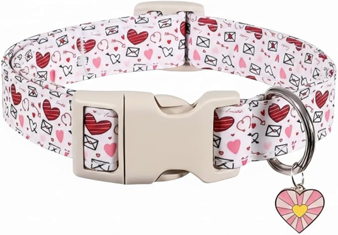 Valentine Dog Collar, Dog Collar Soft Valentine's Day Heart Design for Large Dogs, Durable Soft Fabric Pet Collar, L