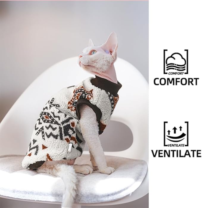 Snixfever Sphynx Cat Clothes,Boho Style Cat Clothes for Fall Winter, 2-Legged Fleece Lined Warm Shirt, Soft Plush Sweater for Hairless Cats Devon Rex (Beige, Large (5-6.5 lbs))