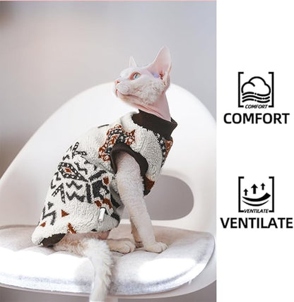 Snixfever Sphynx Cat Clothes,Boho Style Cat Clothes for Fall Winter, 2-Legged Fleece Lined Warm Shirt, Soft Plush Sweater for Hairless Cats Devon Rex (Beige, Large (5-6.5 lbs))