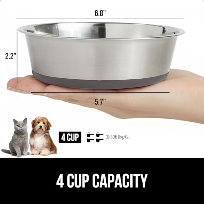 GORILLA GRIP Dog Bowls, Holds 4 Cups Each (32 fl oz), Heavy Duty Stainless Steel Food and Water Bowl for Feeding Dogs and Cats, Dishwasher Safe, Rust Resistant, BPA Free Rubber Base, Set of 2 Black