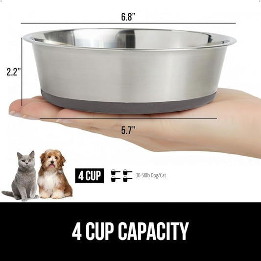 GORILLA GRIP Dog Bowls, Holds 4 Cups Each (32 fl oz), Heavy Duty Stainless Steel Food and Water Bowl for Feeding Dogs and Cats, Dishwasher Safe, Rust Resistant, BPA Free Rubber Base, Set of 2 Gray