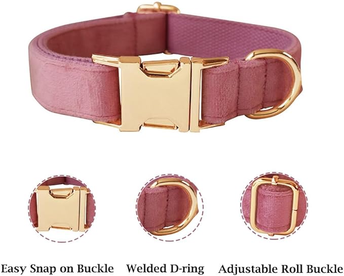 JAY D.L Dog Collar and Leash Set，Soft & Comfy Velvet Dog Collars with Heavy Duty Metal Buckle and Matching Lead Adjustable for Small Medium Large Dogs (Medium, Pink)
