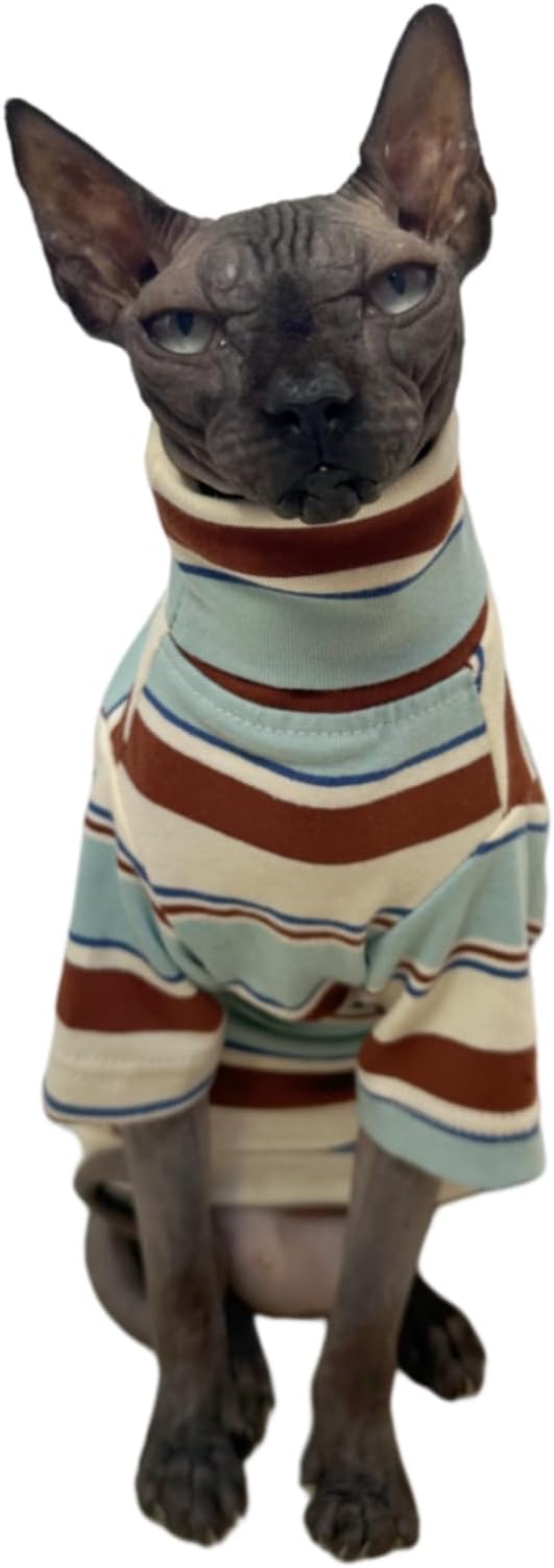 Vintage Stripes Sphynx Hairless Cats Shirt Cotton Cat Turtleneck Pet Clothes Kitten T-Shirts with Sleeves for Sphynx Cornish Rex, Devon Rex, Peterbald (Mint Brown, Large (Pack of 1))