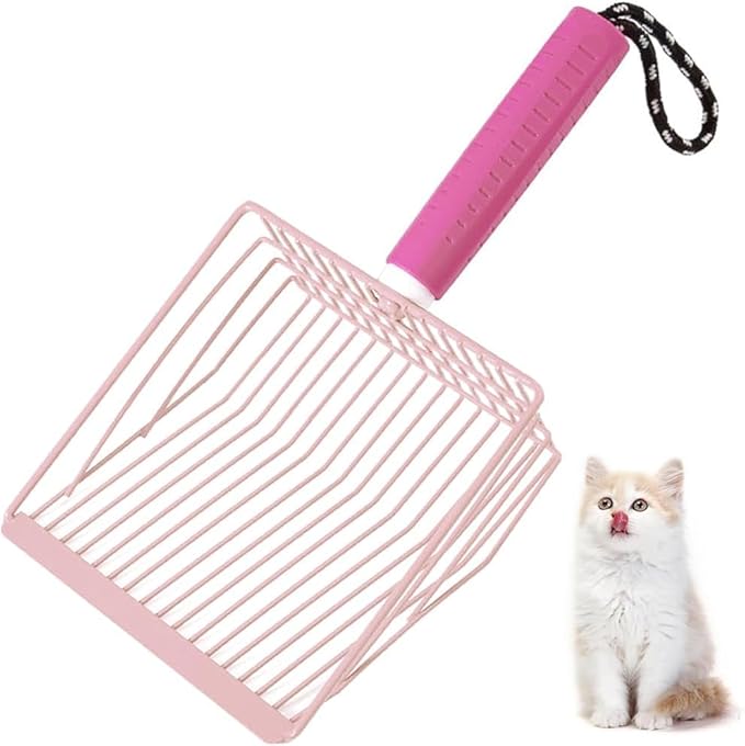 Apidgrowth Cat Litter Scoop, 2-in-1 Detachable Ergonomic Handle, Metal, Bar Grid Shape with Suspendable Cord (Pink)