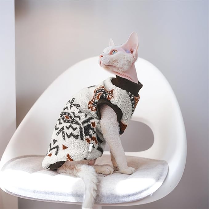 Snixfever Sphynx Cat Clothes,Boho Style Cat Clothes for Fall Winter, 2-Legged Fleece Lined Warm Shirt, Soft Plush Sweater for Hairless Cats Devon Rex (Beige, Large (5-6.5 lbs))