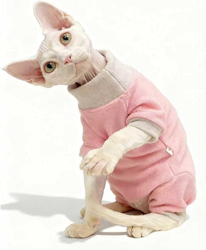 Sphynx Cat Clothes Winter Soft Warm Polar Fleece Turtleneck Pullover Four Leg Jumpsuit Fashion Splicing Base Shirt Cat Apparel, (Small(3-3.9lb))