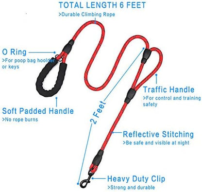 Plutue Pet Rope Dog Leash 6ft Long,Traffic Padded Two Handle,Heavy Duty,Reflective Double Handles Lead for Control Safety Training,Leashes for Large Dogs or Medium Dogs,Dual Handles Leads(Red)