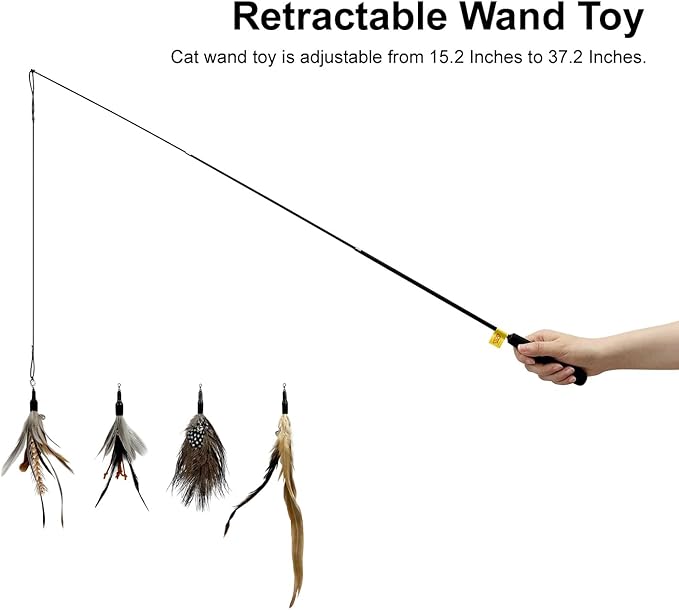 TTcat Cat Feather Wand Toys,Retractable Wand Toy with 4 Feather Refills, Interactive Cat Toy Kitten Toy for Indoor Cats to Play Chase Exercis.