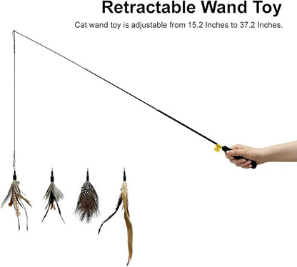 TTcat Cat Feather Wand Toys,Retractable Wand Toy with 4 Feather Refills, Interactive Cat Toy Kitten Toy for Indoor Cats to Play Chase Exercis.