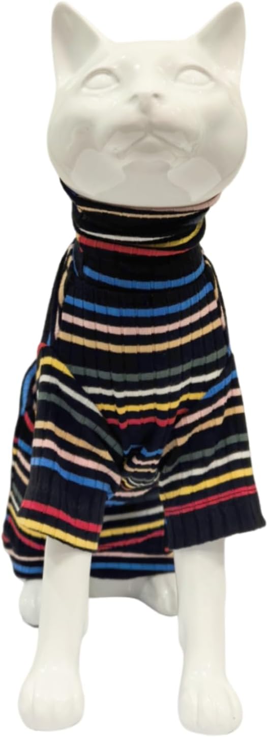Turtle Neck Vintage Stripes Sphynx Hairless Cat Cotton T-Shirts Pet Clothes Vest Kitten Shirts Sleeveless, Cats & Small Dogs Apparel (Dark Rainbow, L (7-8.8 lbs))