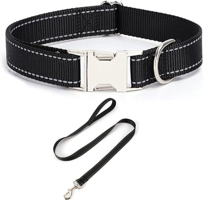 Reflective Dog Collar and Leash Set with Metal Buckle, Soft Sturdy Nylon Dog Collars with Quick Release Buckle, Adjustable Pet Collars with with ID Tag Ring for Small Medium Large Dogs
