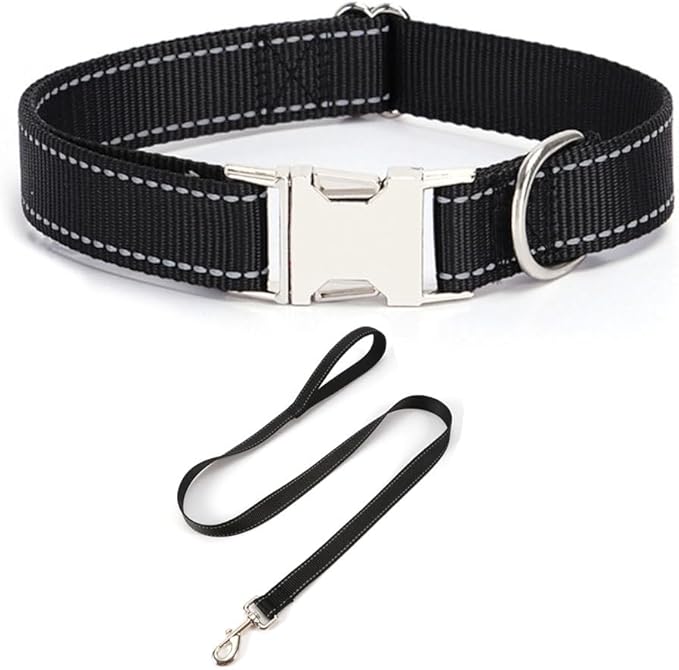 Reflective Dog Collar and Leash Set with Metal Buckle, Soft Sturdy Nylon Dog Collars with Quick Release Buckle, Adjustable Pet Collars with with ID Tag Ring for Small Medium Large Dogs