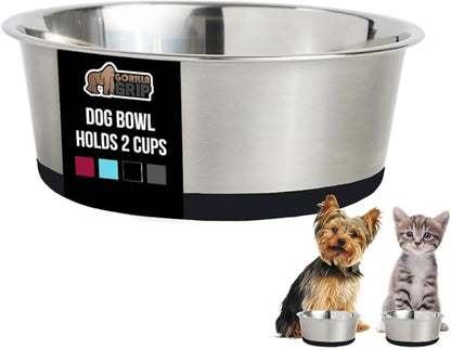 GORILLA GRIP Dog Bowls, Holds 2 Cups Each (16 fl oz), Heavy Duty Stainless Steel Food and Water Bowl for Feeding Dogs and Cats, Dishwasher Safe, Rust Resistant, BPA Free Rubber Base, Set of 2 Black