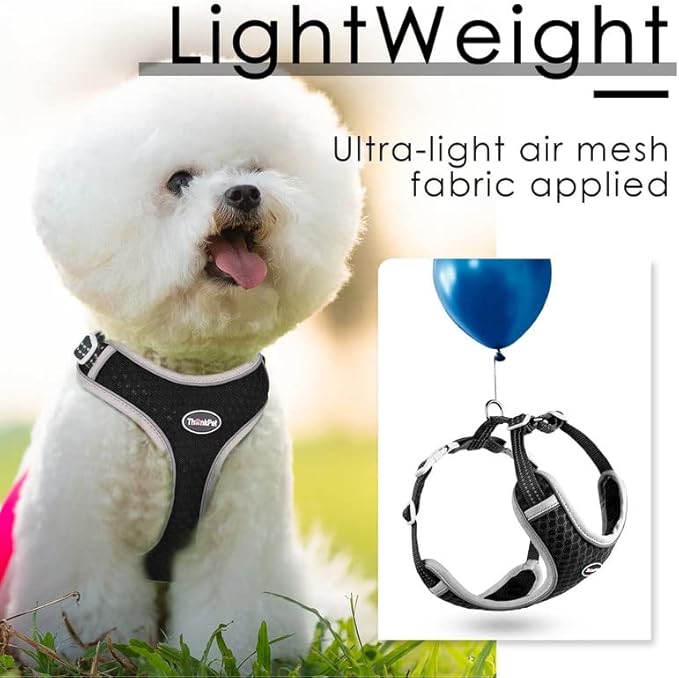 ThinkPet Reflective Breathable Soft Air Mesh No Pull Puppy Choke Free Over Head Vest Ventilation Harness for Puppy Small Medium Dogs and Cats (Black,L)
