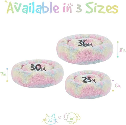 Friends Forever Donut Dog Bed Faux Fur Fluffy Calming Sofa For Small Dogs, Soft & Plush Anti Anxiety Pet Couch For Dogs, Machine Washable Coco Pet Bed with Non-Slip Bottom, 23"x23"x6" Rainbow