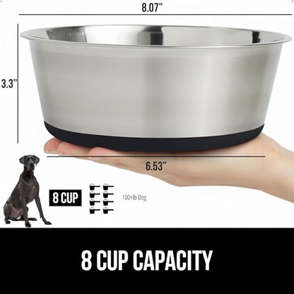 GORILLA GRIP Dog Bowl, Holds 8 Cups (64 fl oz), Heavy Duty Metal Food and Water Bowl for Feeding Dogs and Cats, Easy Clean, Dishwasher Safe, Rust Resistant Stainless Steel, BPA Free Rubber Base, Black
