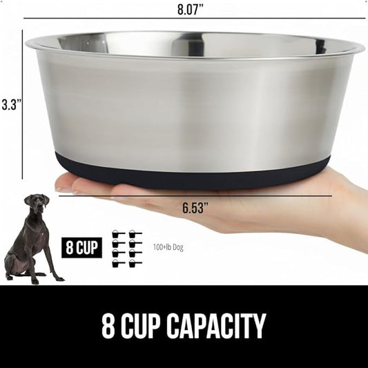 GORILLA GRIP Dog Bowl, Holds 8 Cups (64 fl oz), Heavy Duty Metal Food and Water Bowl for Feeding Dogs and Cats, Easy Clean, Dishwasher Safe, Rust Resistant Stainless Steel, BPA Free Rubber Base, Black
