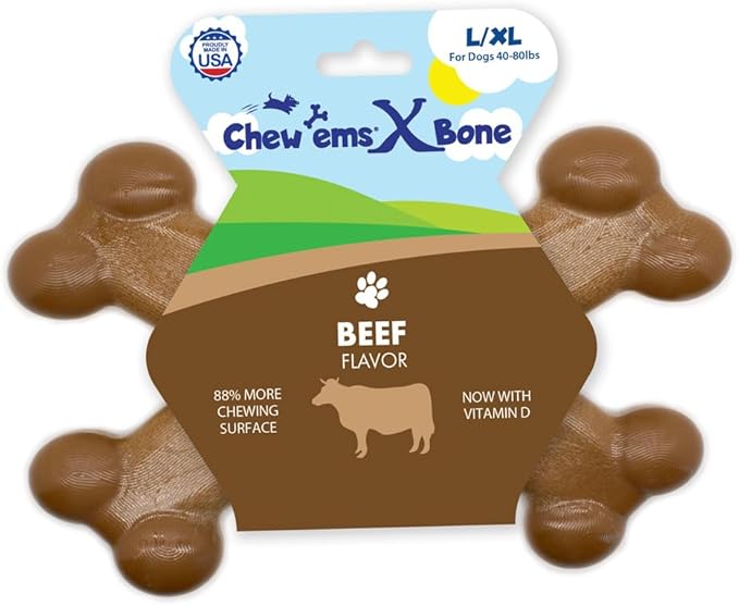 Chew’ems X Bone Dog Chew – Long-Lasting Beef Flavor Treats for Aggressive Chewers – Rawhide-Free, Durable Dental Chews – Giant Size