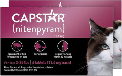 Capstar (nitenpyram) Cat Flea Treatment, Fast-Acting Oral Flea Treatment for Cats 2-25 lbs, Vet-Recommended Medication Tablets Start Killing in 30 Minutes, 12 Doses (Includes Two 6-Count Boxes)