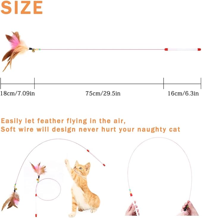 Sanpink 40 Pack Cat Feather Toy Wand, Interactive Pet Kitten Chaser Teaser Wire Wand with Bell Beads for Cat Exercise Play Fun Gifts - Wholesale
