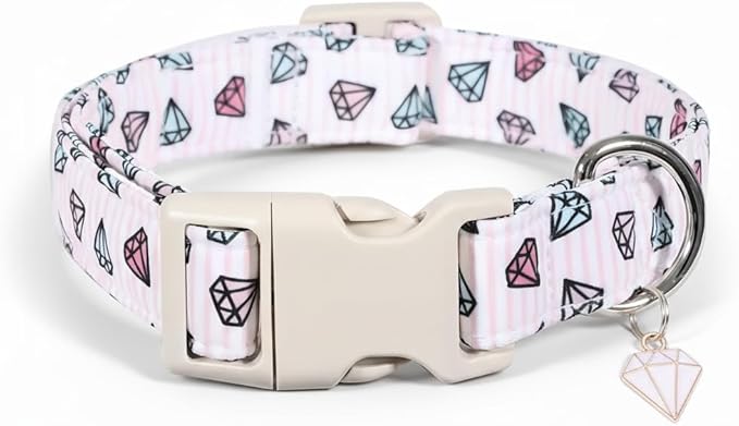 Pink Dog Collar, Cute Dog Collar with Diamond Pattern, Adjustable Soft Cute Collar for Medium Dogs, M