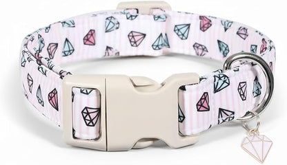 Pink Dog Collar, Cute Dog Collar with Diamond Pattern, Adjustable Soft Cute Collar for Medium Dogs, M