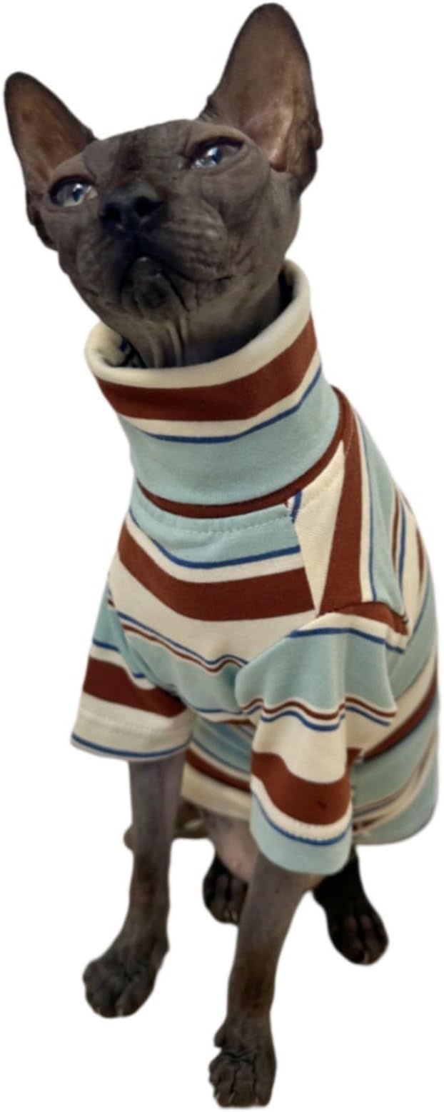 Vintage Stripes Sphynx Hairless Cats Shirt Cotton Cat Turtleneck Pet Clothes Kitten T-Shirts with Sleeves for Sphynx Cornish Rex, Devon Rex, Peterbald (Mint Brown, Large (Pack of 1))