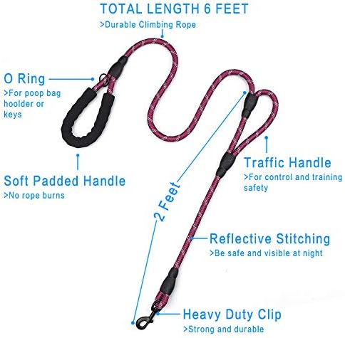Plutus Pet Rope Dog Leash 6ft Long,Traffic Padded Two Handle,Heavy Duty,Reflective Double Handles Lead for Control Safety Training,Leashes for Large Dogs or Medium Dogs,Dual Handles Leads(Purple)