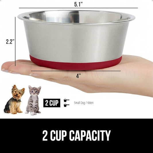 GORILLA GRIP Dog Bowls, Holds 2 Cups Each (16 fl oz), Heavy Duty Stainless Steel Food and Water Bowl for Feeding Dogs and Cats, Dishwasher Safe, Rust Resistant, BPA Free Rubber Base, Set of 2 Red