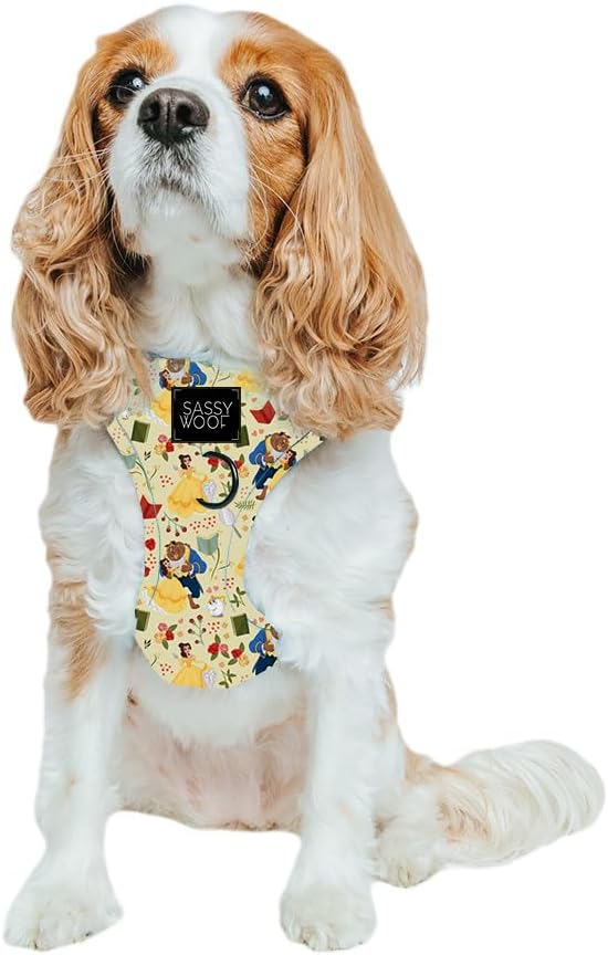 Sassy Woof Dog Adjustable Harness - Disney Princess Beauty and The Beast Belle - S, Breathable Mesh, No Pull Design with Two D-Rings, Perfect for Medium Dogs - Officially Licensed
