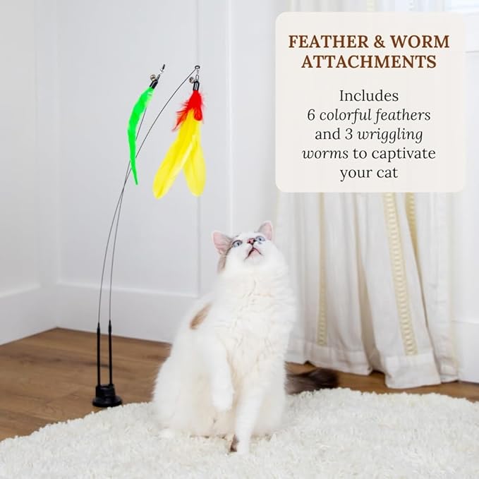 GADGETSOLOGY Cat Wand Toy Cat Fishing Pole Toy Cats Feather Toys Suction Cup for Indoor Cats Teaser Wand Feather Attachments Multisurface Base