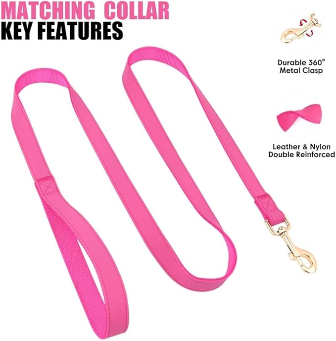 PET ARTIST Soft PU Leather Dog Collar and Leash Set, Bright & Stylish 5FT PU Leather Leash and Collar Set, Durable Pet Collars with Quick Release Metal Buckle for Medium Dogs,Hot Pink,M(13-19")