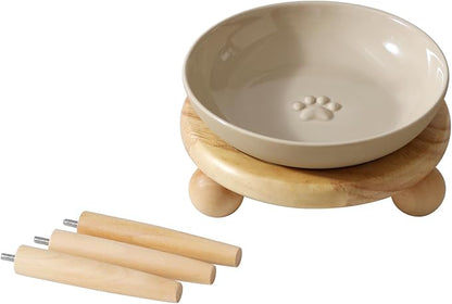 Havniva Raised Ceramic Wide Whisker Friendly Cat Dish, Anti-Slip Food&Water Bowl with 2 Style Stand Adjustable Pet Bowl Set (1Dish+Stand, Vintage Latte)