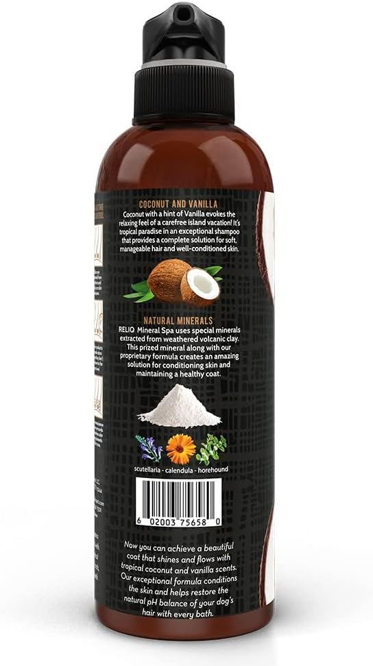 RELIQ Natural Mineral SPA Shampoo Coconut for Dog/Puppy. No soap no Oatmeal Formula. Tear Free and Long Lasting Odor Control. Super Soft and Shiny Coat After wash.