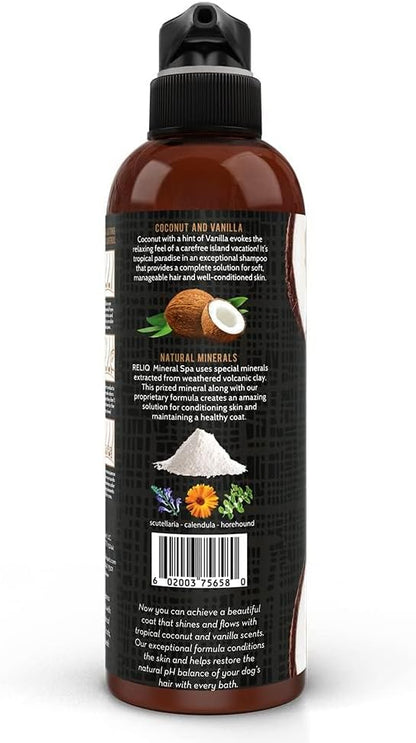 RELIQ Natural Mineral SPA Shampoo Coconut for Dog/Puppy. No soap no Oatmeal Formula. Tear Free and Long Lasting Odor Control. Super Soft and Shiny Coat After wash.