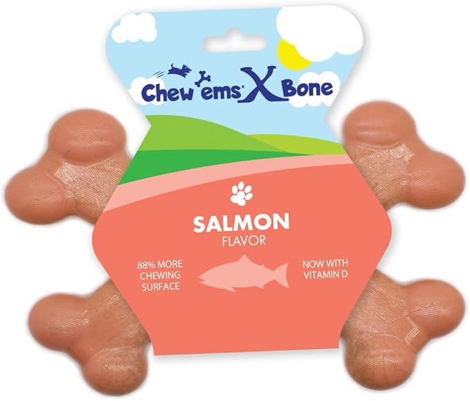 Chew’ems X Bone Dog Chew – Long-Lasting Salmon Flavor Treats for Aggressive Chewers – Rawhide-Free, Durable Dental Chews – Large Size