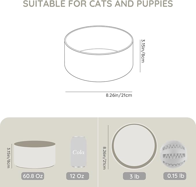 SPUNKYJUNKY 60OZ Ceramic Dog and Cat Bowl, Modern Cute Weighted Food Water Bowl for Replacement Grey (2 Pack)