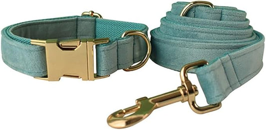 JAY D.L Dog Collar and Leash Set，Soft & Comfy Velvet Dog Collars with Heavy Duty Metal Buckle and Matching Lead Adjustable for Small Medium Large Dogs (Large, Lake Green)