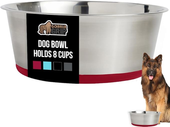 GORILLA GRIP Dog Bowl, Holds 8 Cups (64 fl oz), Heavy Duty Metal Food and Water Bowl for Feeding Dogs and Cats, Easy Clean, Dishwasher Safe, Rust Resistant Stainless Steel, BPA Free Rubber Base, Red