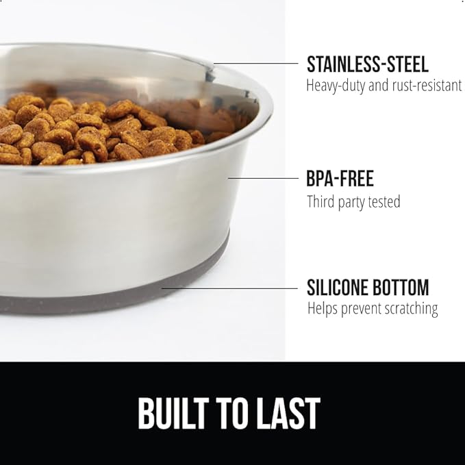 GORILLA GRIP Dog Bowls, Holds 4 Cups Each (32 fl oz), Heavy Duty Stainless Steel Food and Water Bowl for Feeding Dogs and Cats, Dishwasher Safe, Rust Resistant, BPA Free Rubber Base, Set of 2 Black