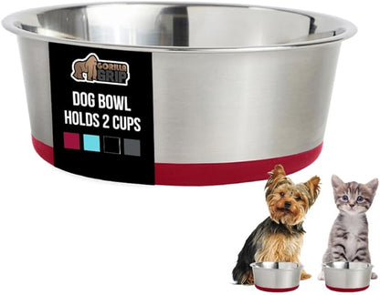 GORILLA GRIP Dog Bowls, Holds 2 Cups Each (16 fl oz), Heavy Duty Stainless Steel Food and Water Bowl for Feeding Dogs and Cats, Dishwasher Safe, Rust Resistant, BPA Free Rubber Base, Set of 2 Red