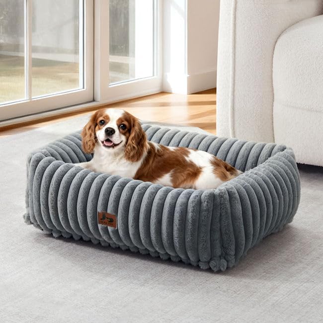 Warmrest Washable Dog Bed for Small Medium Dogs - Rectangle Orthopedic Corduroy Fleece Pet Bed with Removable Cover and Nonskid Bottom, Calming Puppy Bed Soft Pet Sofa, Grey(25x21x7inchs)