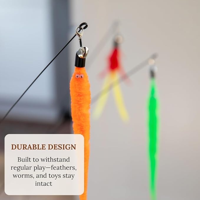 GADGETSOLOGY Cat Toys Set Cat Fishing Pole Retractable Wand Suction Cup & Hanging Teaser Wand for Indoor Cats & Kittens Feather Attachments Ribbon