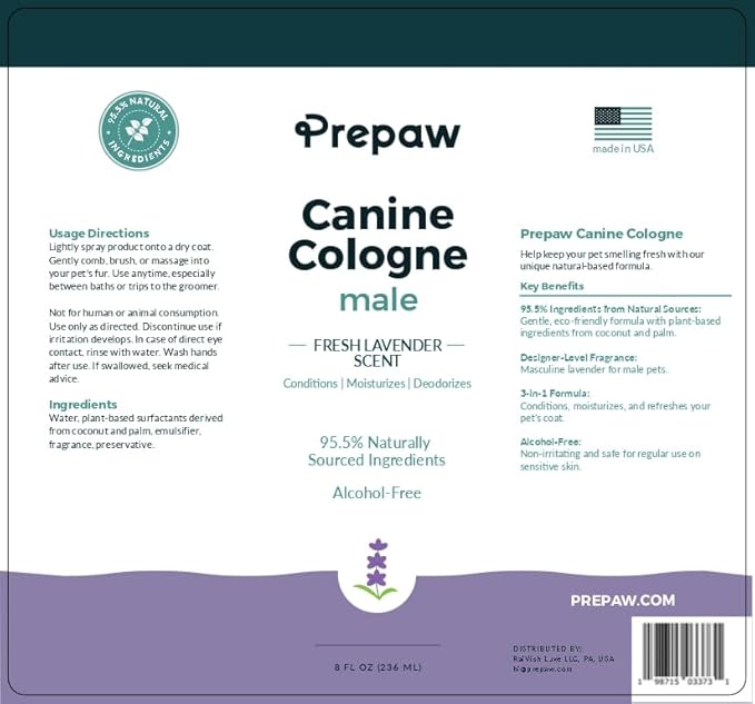 Prepaw Luxury Male Pet Cologne - Fresh Lavender Scent, 3-in-1 Formula Conditions & Moisturizes, Made with 94% Natural Ingredients, Long Lasting Fragrance, Safe & Easy to Use | 8 fl oz