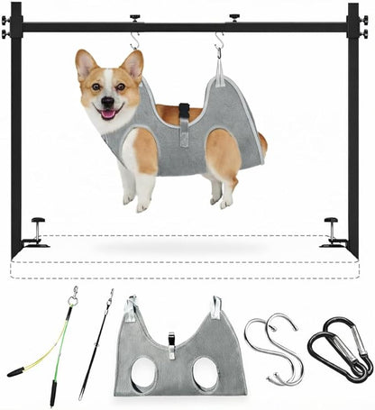 Dog Grooming Arm for Table, M Size, Adjustable 42" Height & 35"–44" Width, H-Shape Stable Grooming Stand, Clamp Fits up to 2.76", with Hammock & 2 Nooses for Home Grooming & Nail Trimming